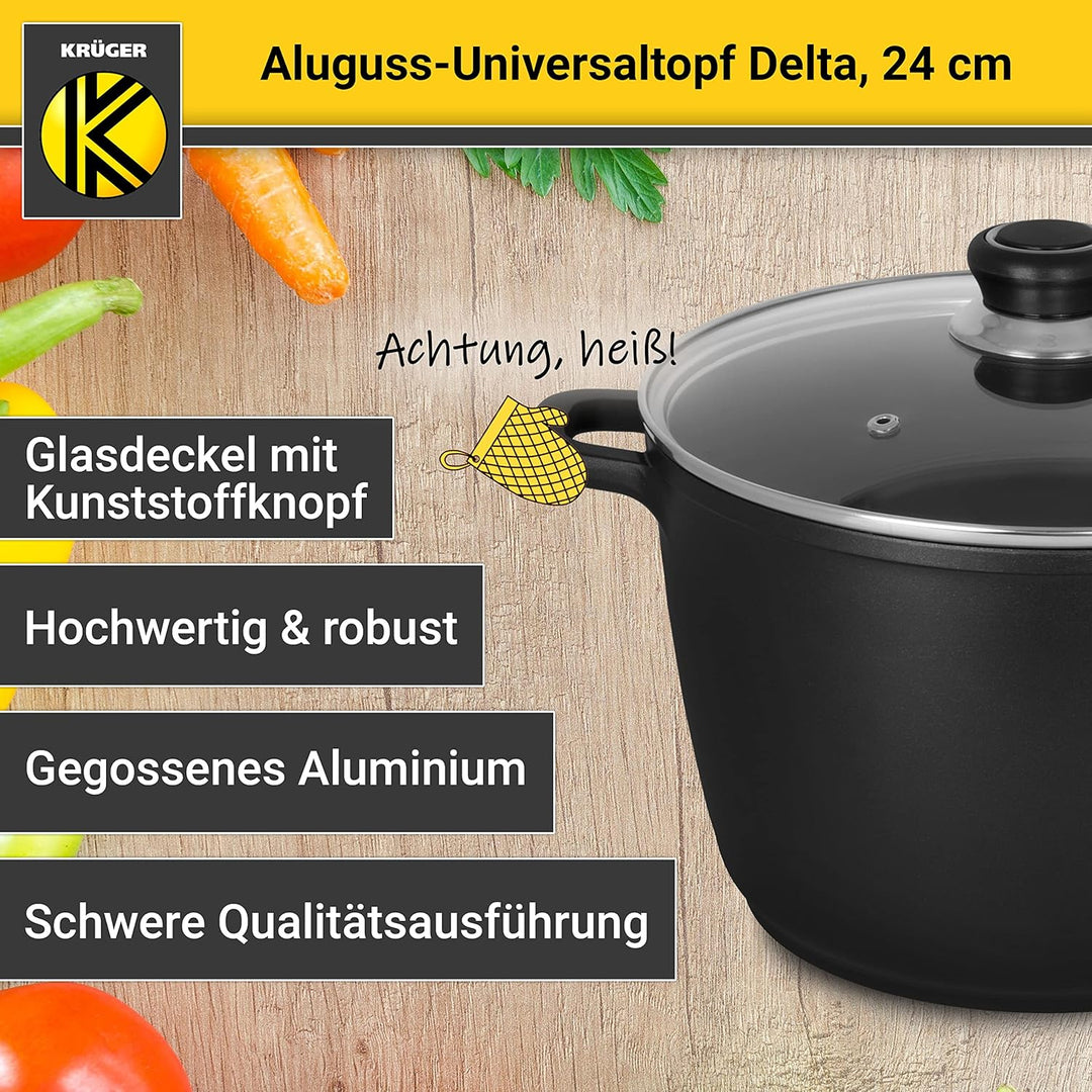 Krüger Aluguss-Universaltopf Delta mit Glasdeckel - 24 cm - Kochtopf für gesunde & fettarme Speisen