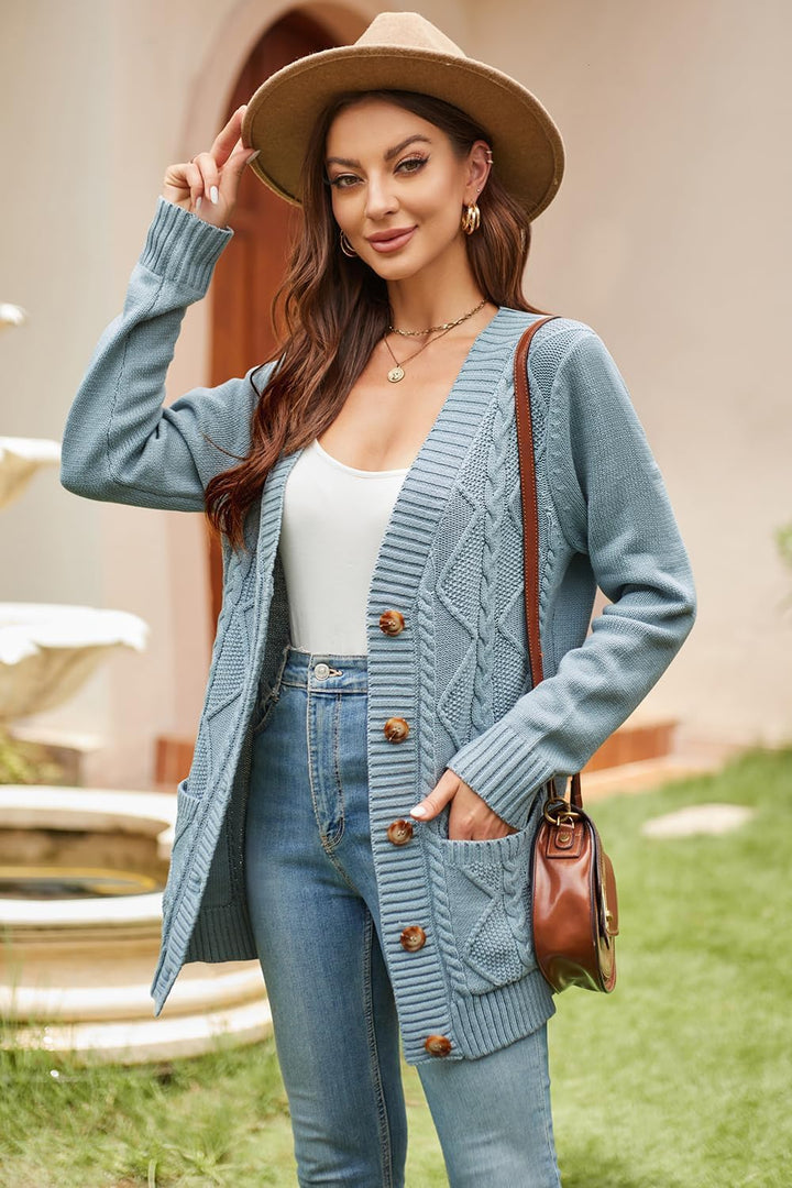 KILIG Strickjacke Damen Lang Grobstrick Button Down Strick Cardigan Winter Casual Sweater mit Tasche