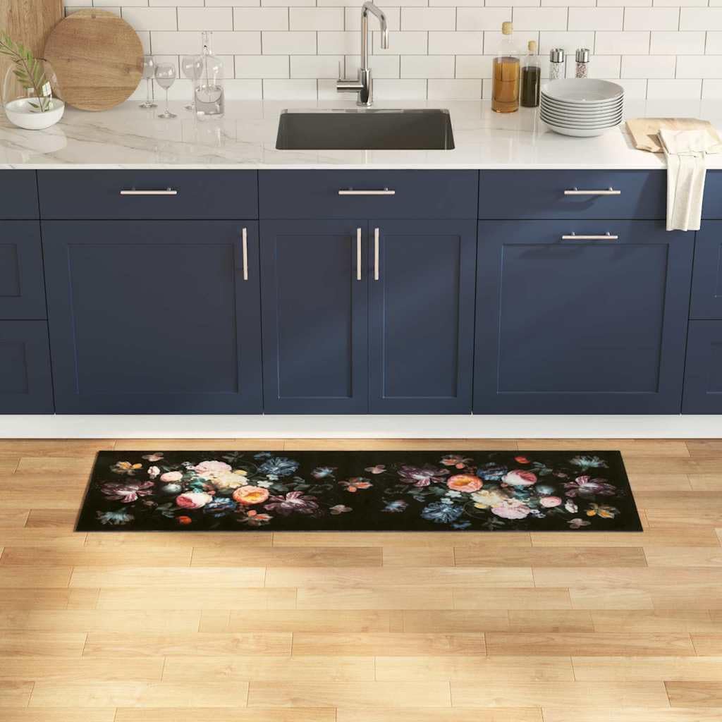 vidaXL Küchenmatte Floral Schwarz 150 x 45 cm Samt, Elegante Küchenmatte, Rechteckig, rutschfeste Un