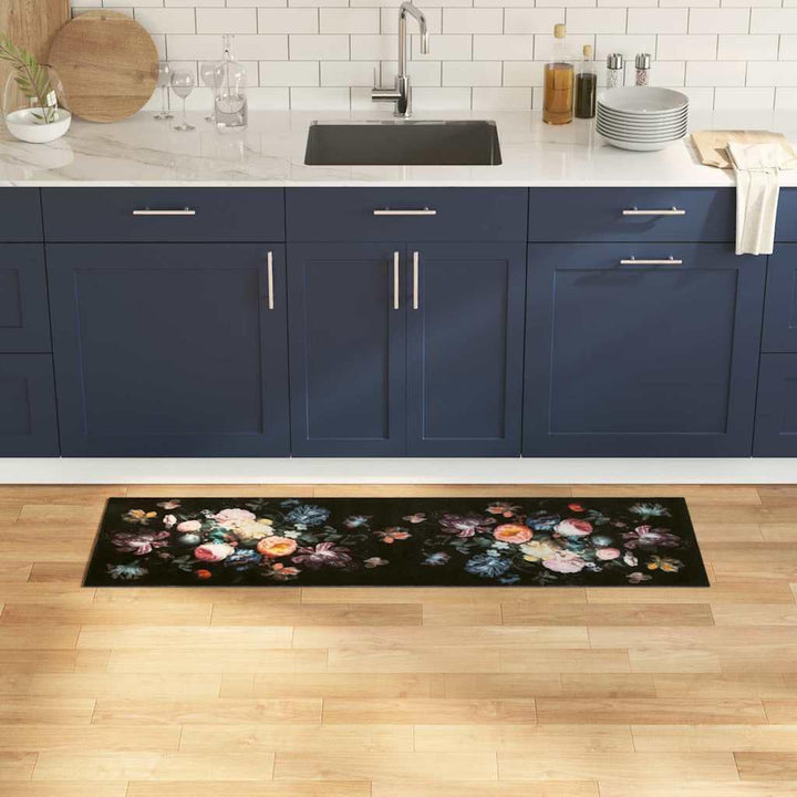 vidaXL Küchenmatte Floral Schwarz 150 x 45 cm Samt, Elegante Küchenmatte, Rechteckig, rutschfeste Un