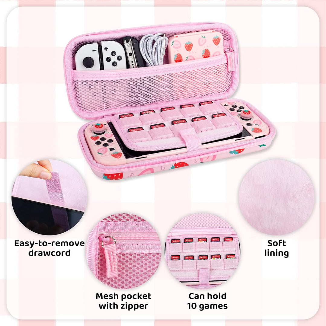 RHOTALL Strawberry Thema Tragetasche Set für Nintendo Switch OLED, süsses Zubehör Bundle für Switch