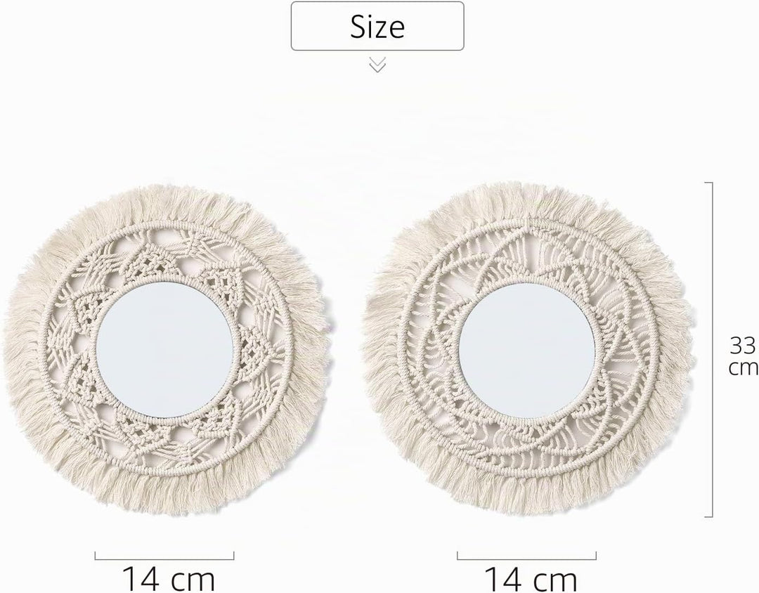 Mkouo 2er Set Hängender Wandspiegel mit Makramee-Rund Decorative Spiegel Wanddeko Klein Boho Style f