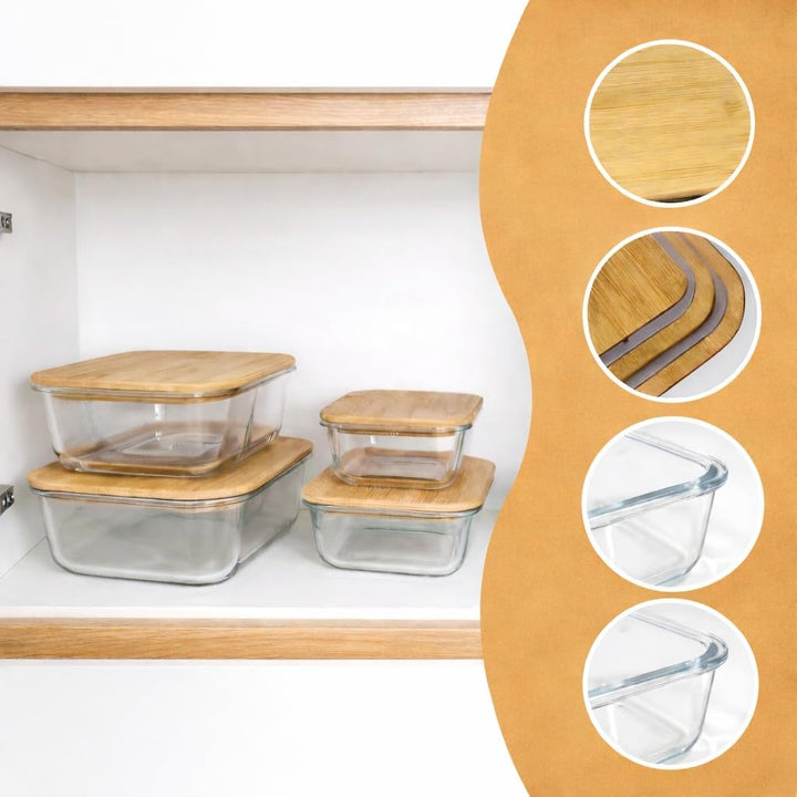 Visario Frischhaltedosen Glas 4er Set – 370, 640, 1050 & 1520 ml Vorratsdosen mit Bambusdeckel | Bor