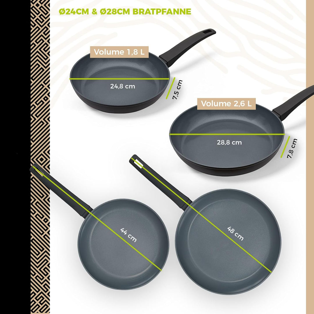 Be Living Pfannenset 4-teilig – Ø 24 & 28 cm Bratpfanne + Sauteuse + Wokpfanne mit Deckel – Bratpfan