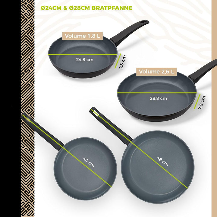 Be Living Pfannenset 4-teilig – Ø 24 & 28 cm Bratpfanne + Sauteuse + Wokpfanne mit Deckel – Bratpfan