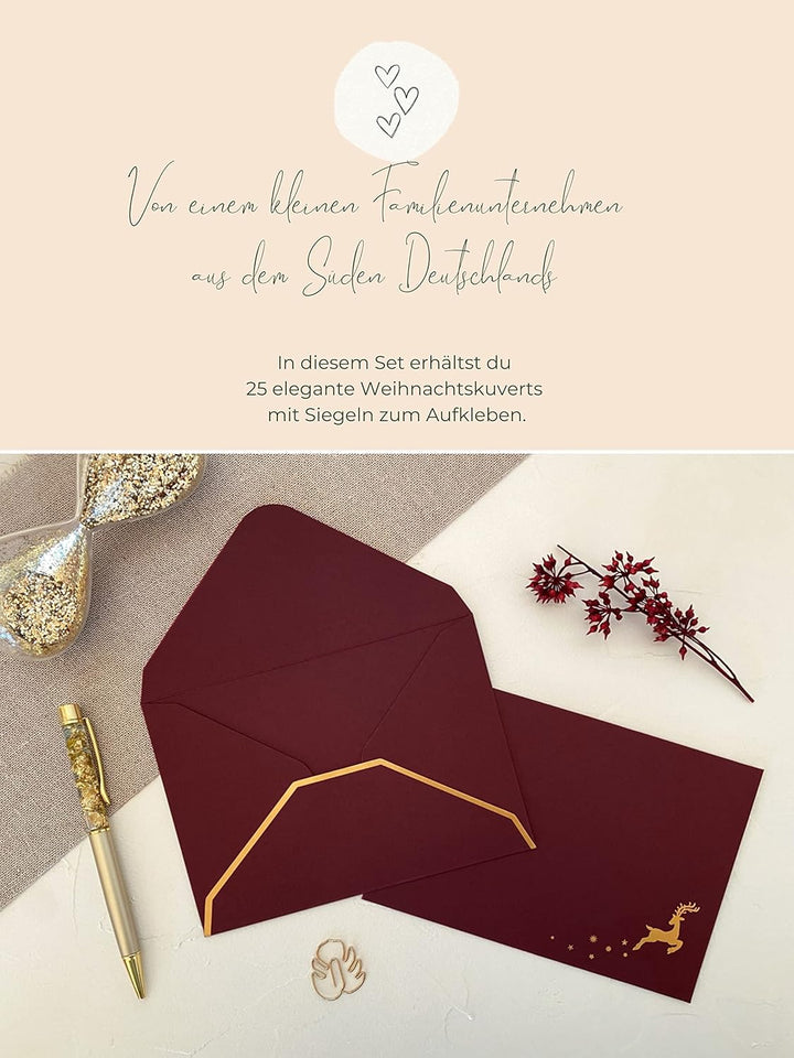 25 Premium Briefumschläge Weihnachten - Weihnachtskuvert heissfolienveredelt mit Rentier mit Wachs-S