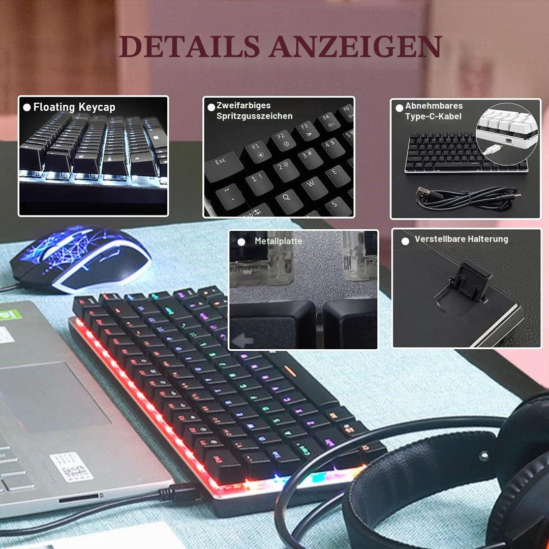 AK33 USB-Kabelgebundene Mechanische Gaming-Tastatur, 80 % Blaue Schalter Keyboard mit 19 RGB-Chroma-