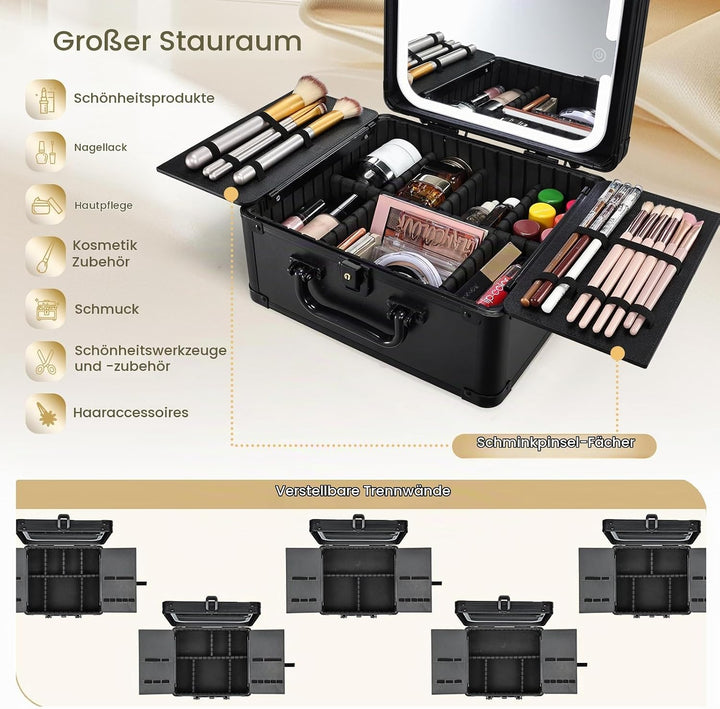 Make-up-Koffer mit beleuchtetem Magnetspiegel, Make up Koffer, Kosmetikkoffer mit 3-Farben-LED-Spieg
