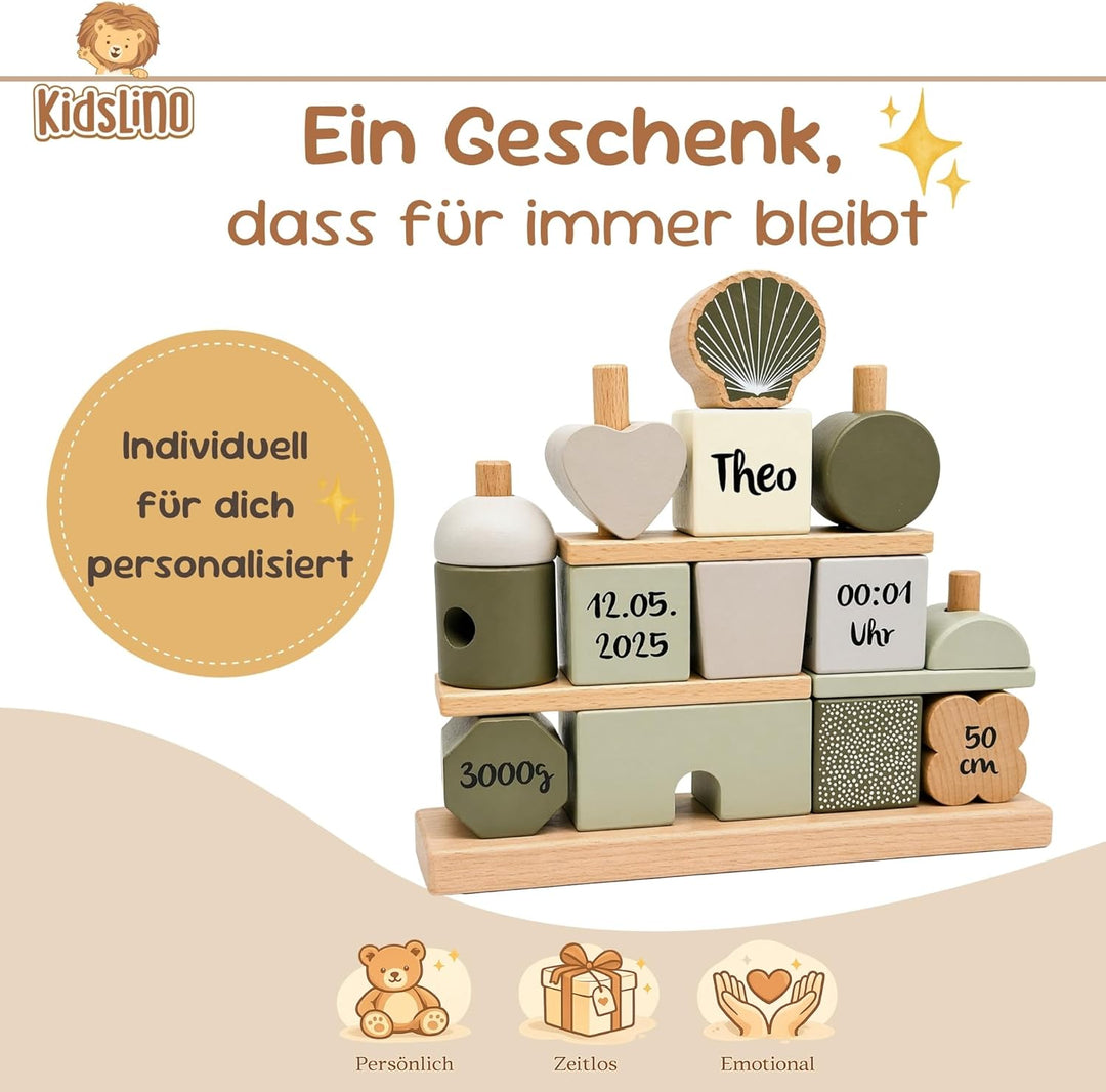 Personalisiertes Holz Steckspiel Haus Olivgrün – Baby Geschenk zur Geburt für Jungen & Mädchen – mit