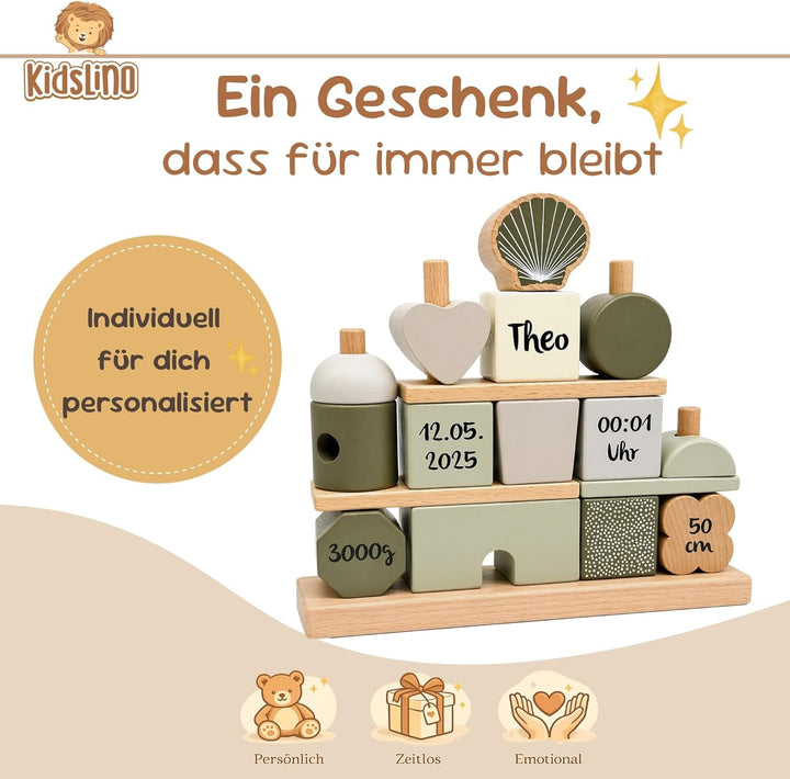Personalisiertes Holz Steckspiel Haus Olivgrün – Baby Geschenk zur Geburt für Jungen & Mädchen – mit