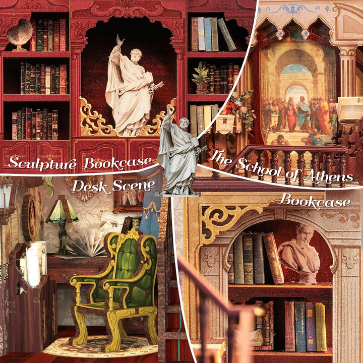 Fsolis DIY Book Nook,Puppenhaus Miniatur Haus Kit mit Holz Möbeln und LED-Licht,Bücherecke Bücherreg