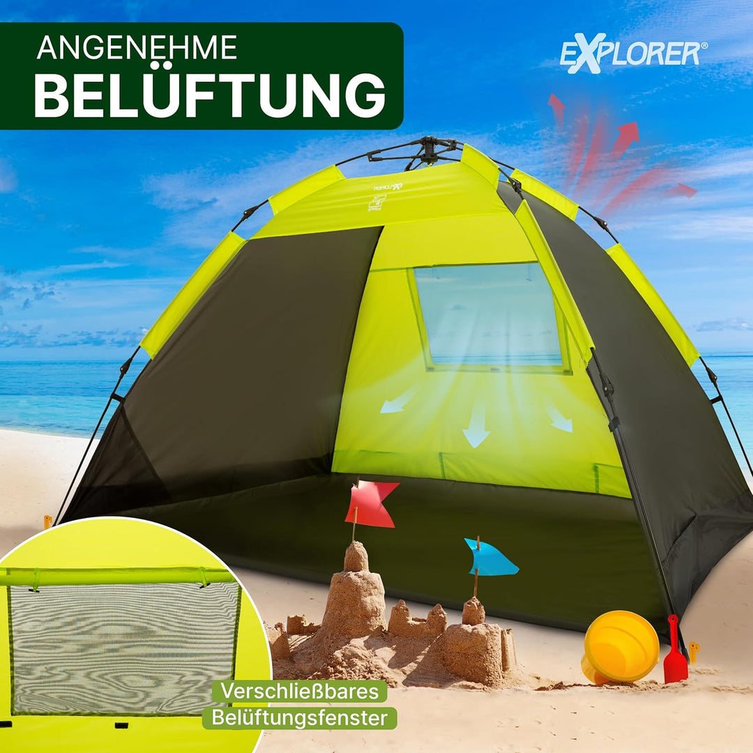 EXPLORER XXL Automatik Strandmuschel mit UV Schutz 80+ [220x150x130cm] kleines Packmass leicht und s