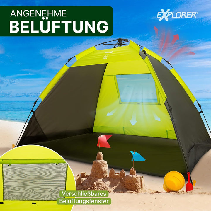 EXPLORER XXL Automatik Strandmuschel mit UV Schutz 80+ [220x150x130cm] kleines Packmass leicht und s