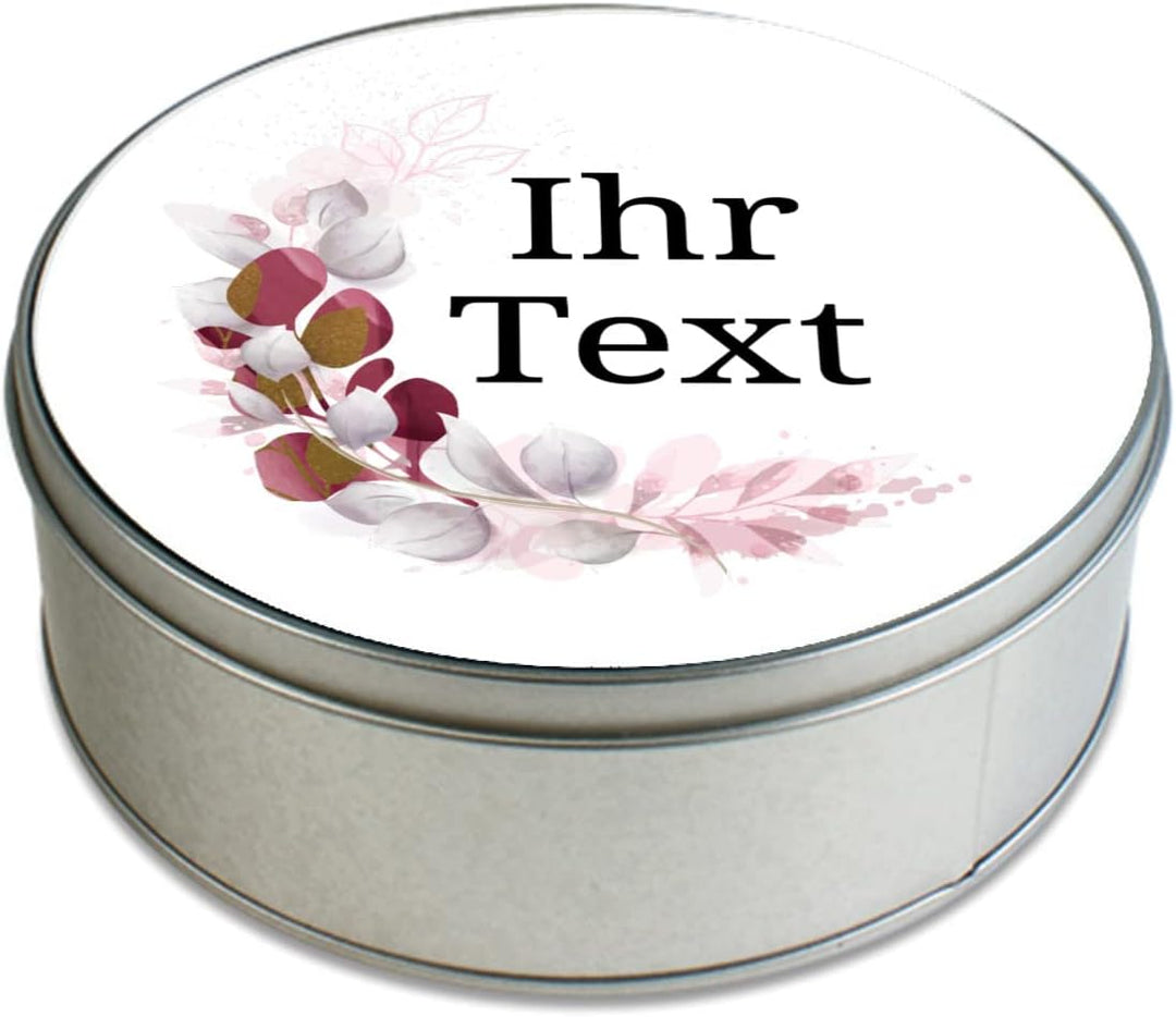 STEMPEL-FABRIK – personalisierbare runde Dose mit Name oder Wunschtext – Aquarell Motiv mit roter Mo
