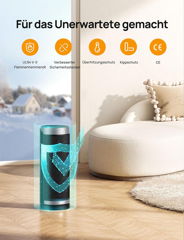 Dreo Heizlüfter Energiesparend, PTC Keramik Heizlüfte Leise, 70° Oszillierend Elektroheizung mit Fer