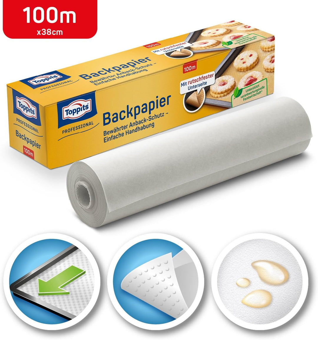 Toppits Backpapier - 1 x 100 m Rolle, Antihaft, mit Abreiss-Säge, Rutschfest, FSC zertifiziert, Idea