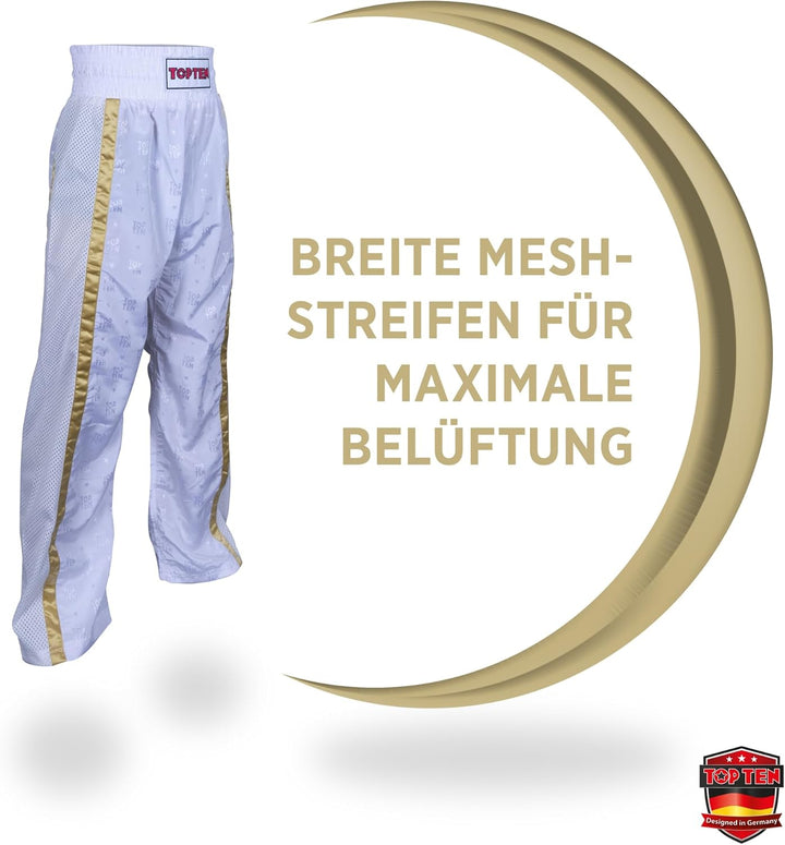 TOP TEN Kickboxhose „Mesh“ Weiss - Gold XXL, Weiss - Gold XXL