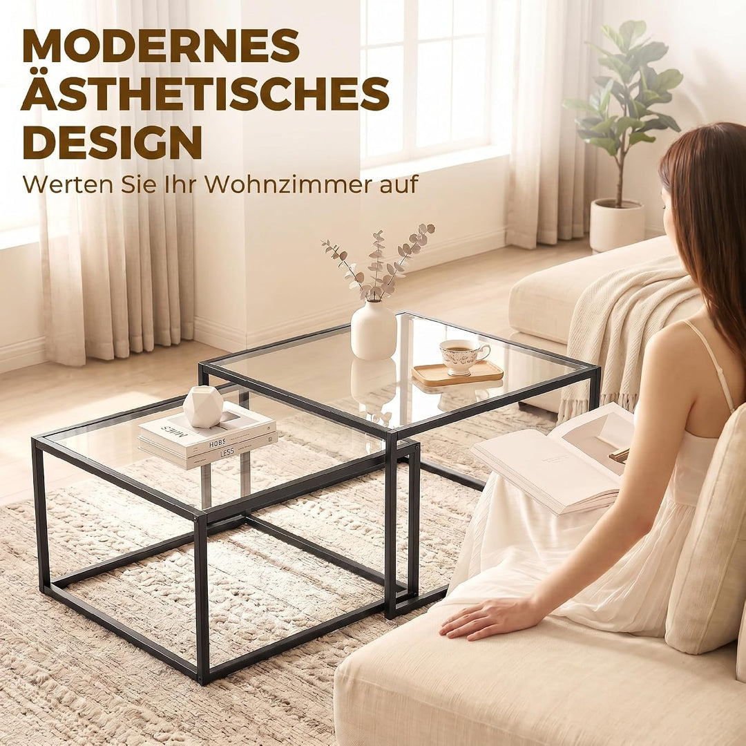 HOMCOM Couchtische 2er-Set Satztisch mit Gehärteter Glasplatte Schwarz