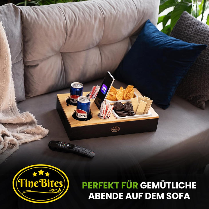 Couchbar Snackbox für 2 aus Bambus – Snackbar Sofatablett mit Getränkehalter & 2 Snackschalen – Couc