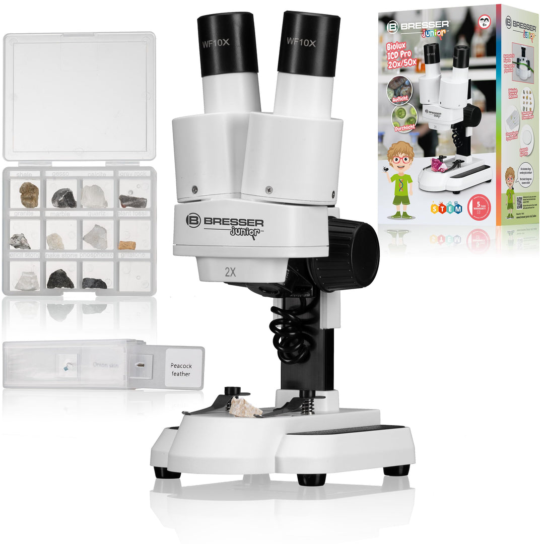Bresser Junior Stereo 3D Mikroskop ICD-Pro mit 20x und 50x Vergrösserung für Kinder und Erwachsene f