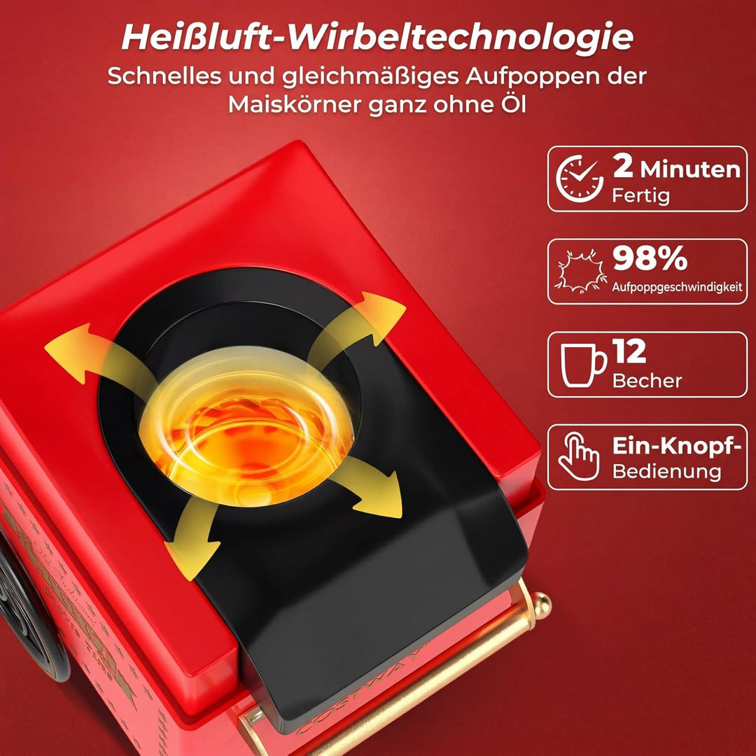 COSTWAY Retro Popcornmaschine 1200W, Heissluft Popcorn Maschine Ohne Öl, Schnelle Zubereitung in 2 M