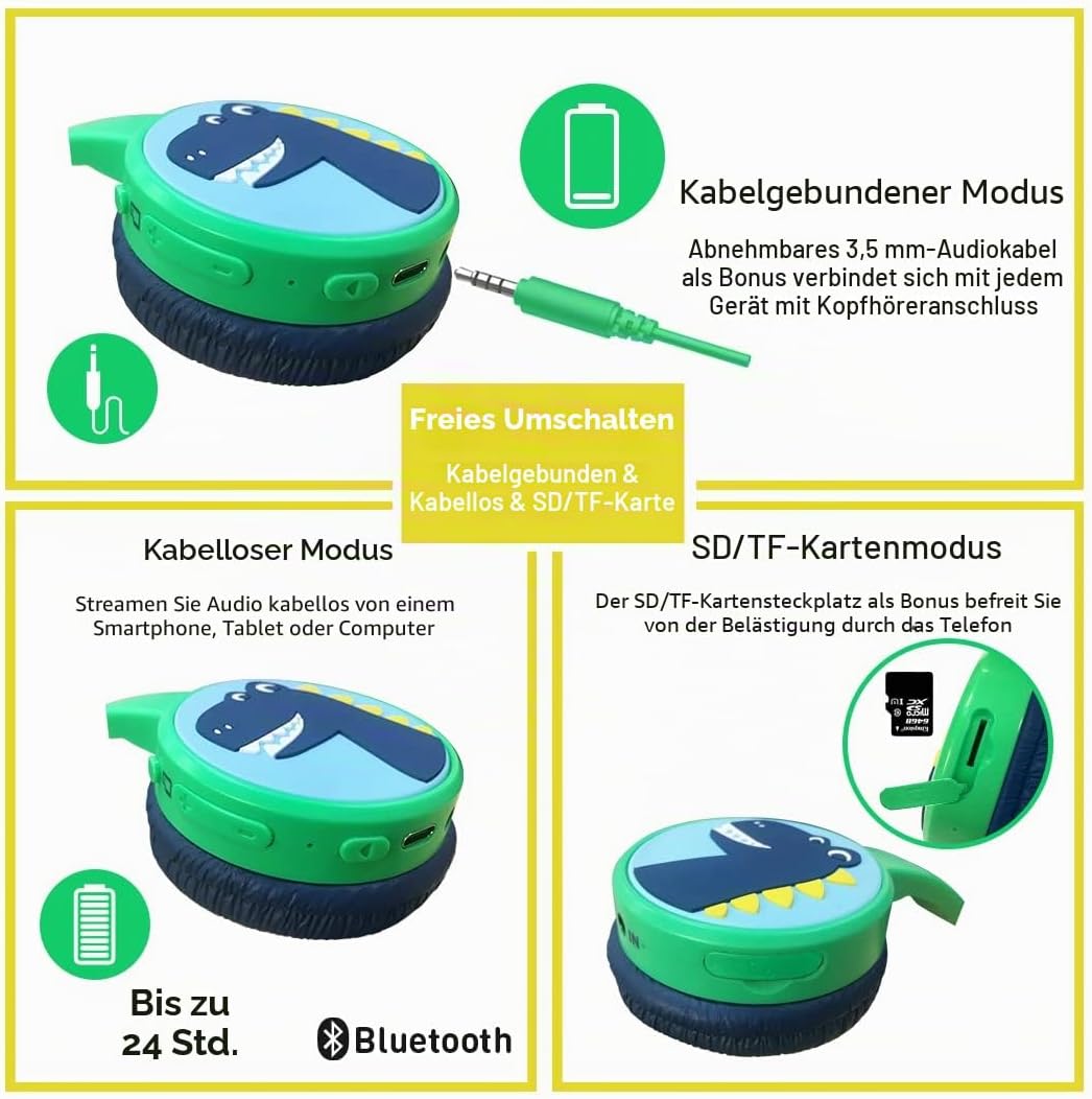 Bluetooth Kopfhörer Kinder, Dinosaurier Kinder Kopfhörer mit Kabel, Mikrofon, 85dB Lautstärkebegrenz