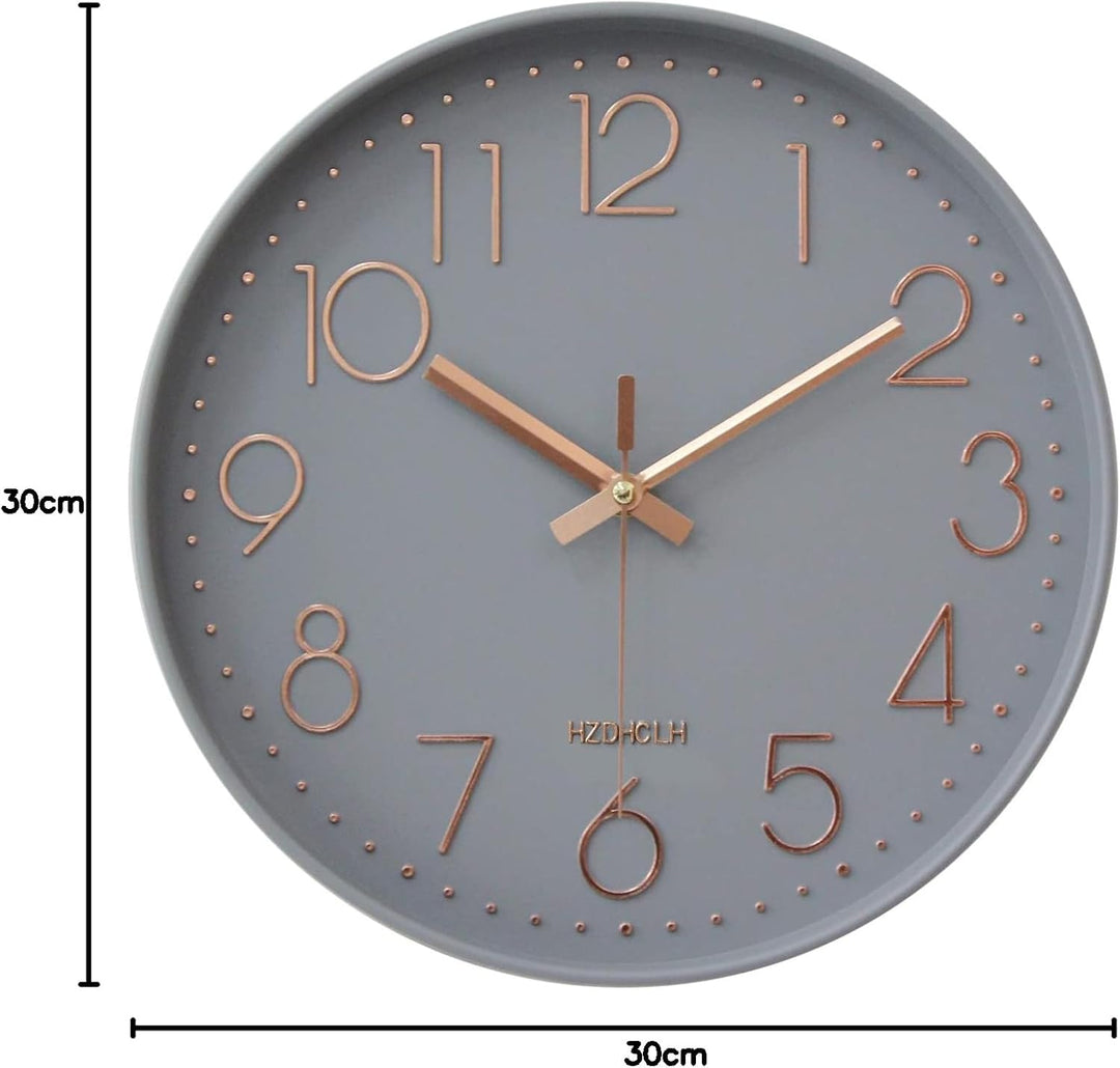 HZDHCLH 30cm geräuschlosem funkuhr wanduhr, digital Gross, für Wohnzimmer, Küche (graues Gold), Grau