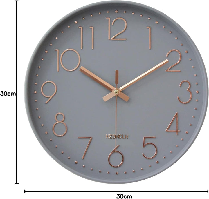 HZDHCLH 30cm geräuschlosem funkuhr wanduhr, digital Gross, für Wohnzimmer, Küche (graues Gold), Grau