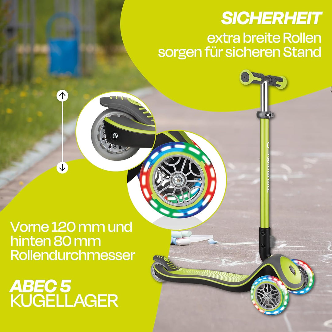 GLOBBER Elite Deluxe Lights – Tretroller Kinder, 120/80 mm, ABEC 5, 3-rädrig, höhenverstellbar, LED-