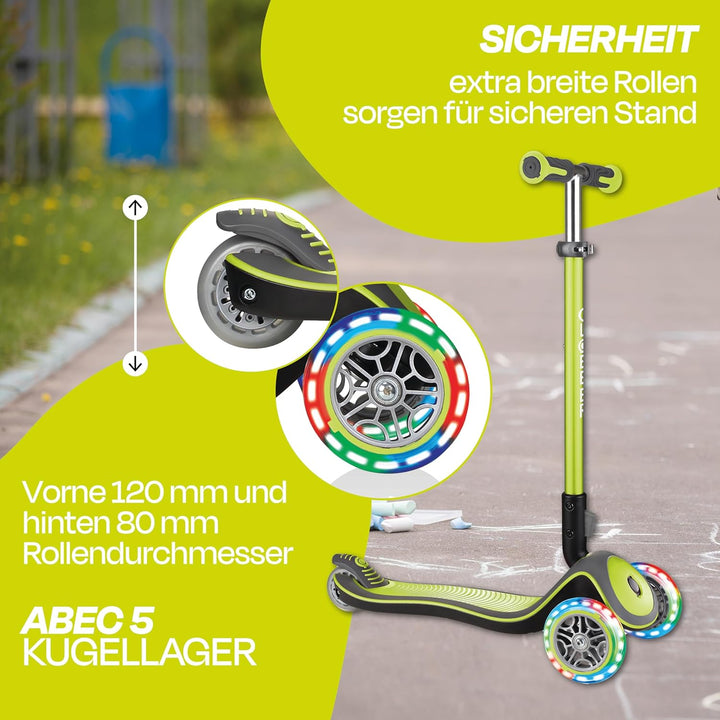 GLOBBER Elite Deluxe Lights – Tretroller Kinder, 120/80 mm, ABEC 5, 3-rädrig, höhenverstellbar, LED-
