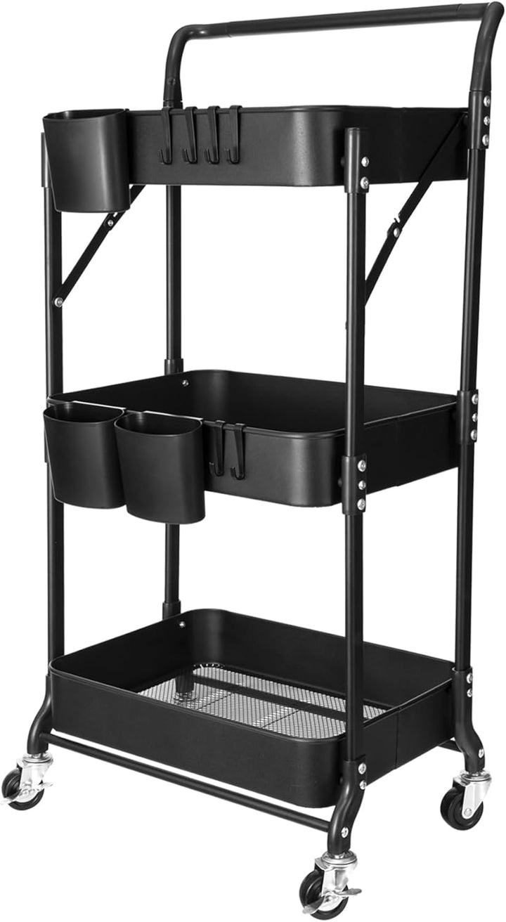 Amatic Beistellwagen 3 Etagen Küchenregal, klappbar Servierwagen mit Rollen, Metall-Stauraumwagen, K