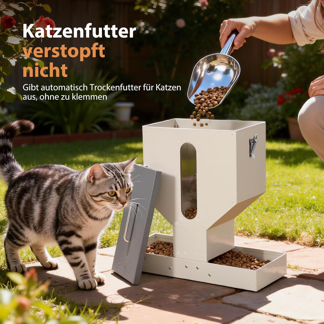 Futterautomat Katze 2 Näpfe, Trockenfutterspender für Katzen, 10l, Metall, Futterspender für Katzen
