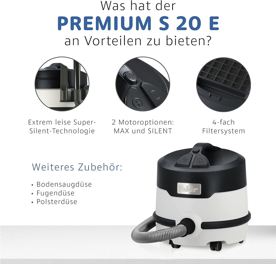 Fakir Premium S 20 E - Kesseltrockensauger mit 4-fach-Filtersystem I Sehr leiser Staubsauger mit HEP