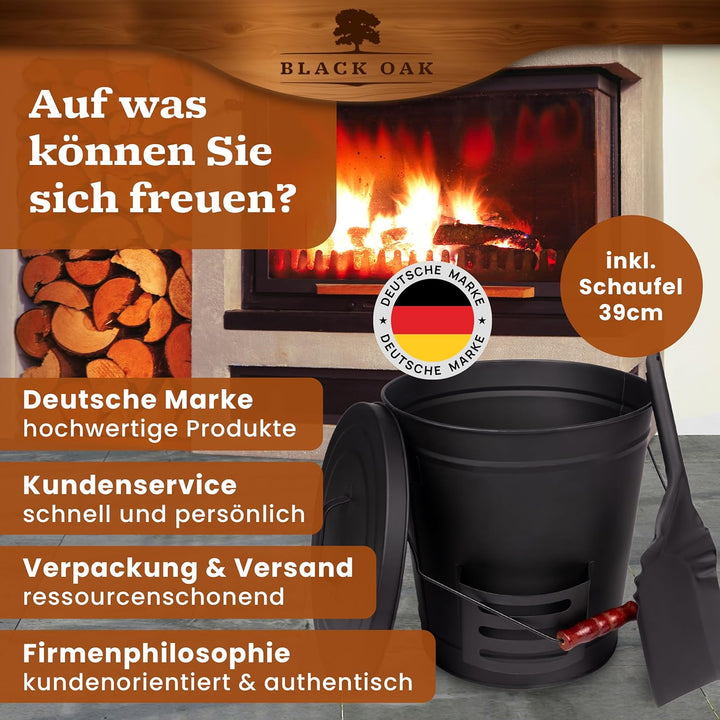 BLACK OAK Ascheeimer Stromboli 20L – schwarz mit Deckel & Schaufel - Bügel schwarz - gross 20 Liter