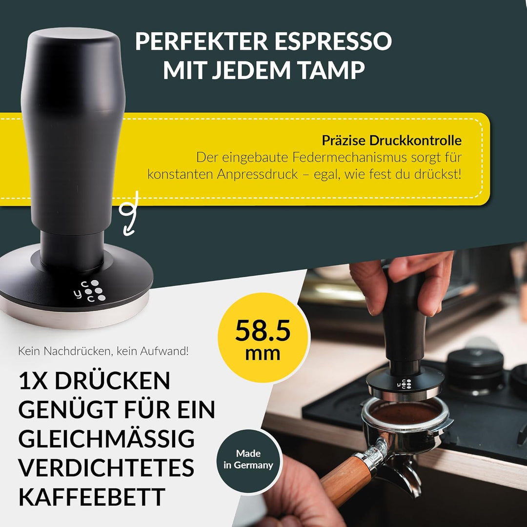 Coyooco Barista Tamper druckregulierend 58,5 mm - Siebträger Tamper mit Feder für gleichmässigen Dru