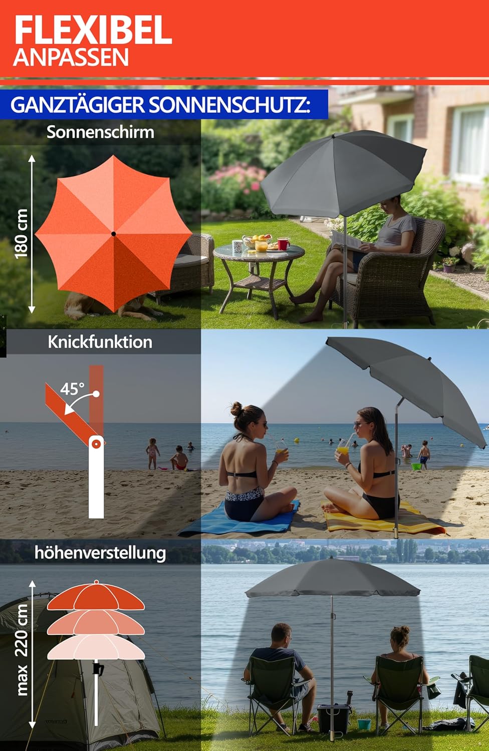 4smile Sonnenschirm Strand SunnyJoy Ø 160 cm, Anthrazit – 3er Set inkl. Strandschirm windfest stabil