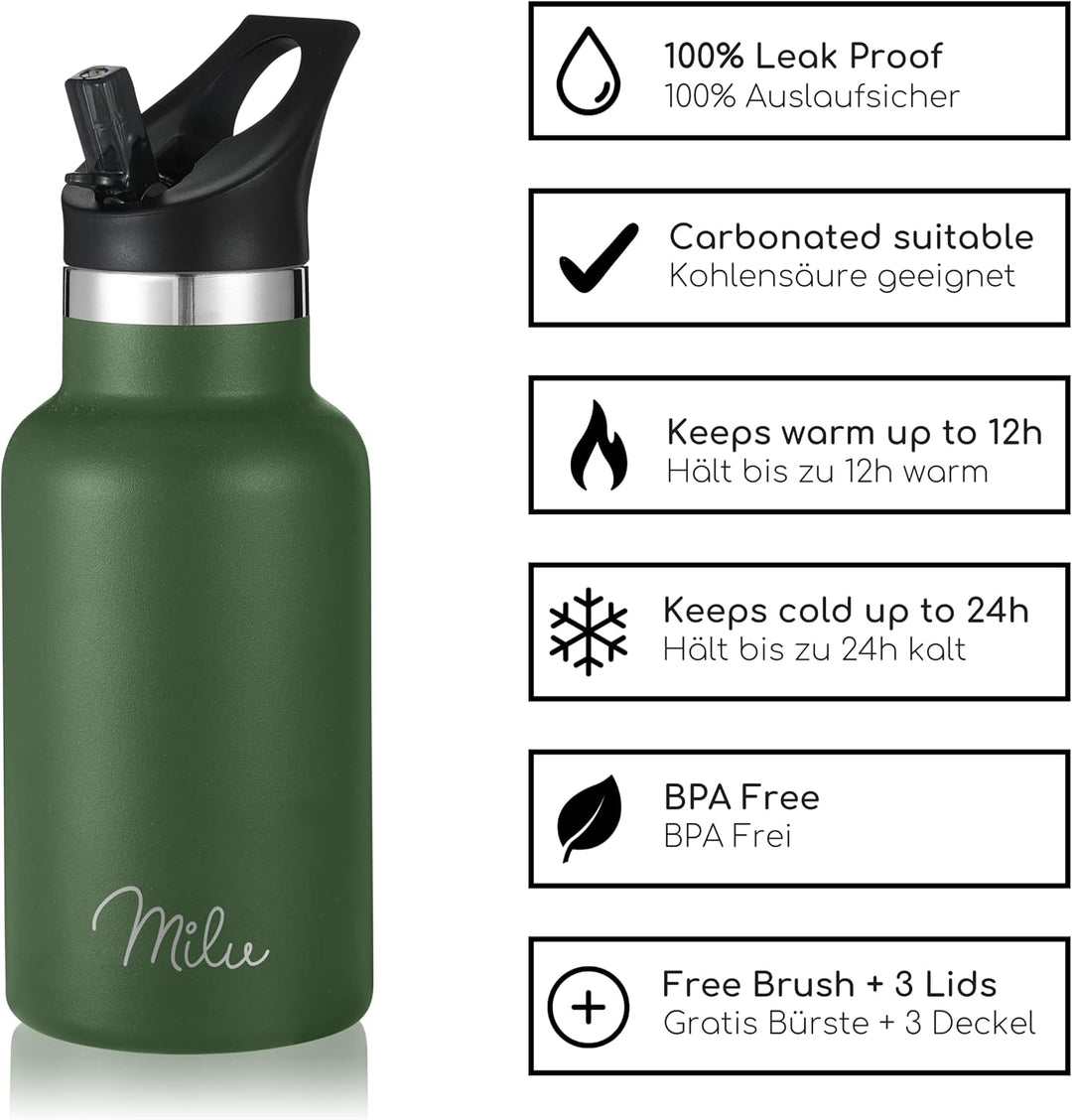 Milu Edelstahl Trinkflasche 350ml 500ml 750ml 1000ml (+3 Deckel) Thermosflasche mit Strohhalm Isolie