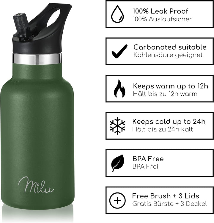 Milu Edelstahl Trinkflasche 350ml 500ml 750ml 1000ml (+3 Deckel) Thermosflasche mit Strohhalm Isolie