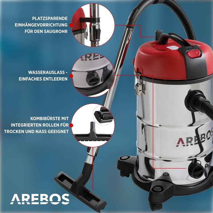 Arebos Industriestaubsauger 1800 W | Nass- &amp; Trockensauger | Aschesauger für Kamin &amp; Grill | Mehrzwe