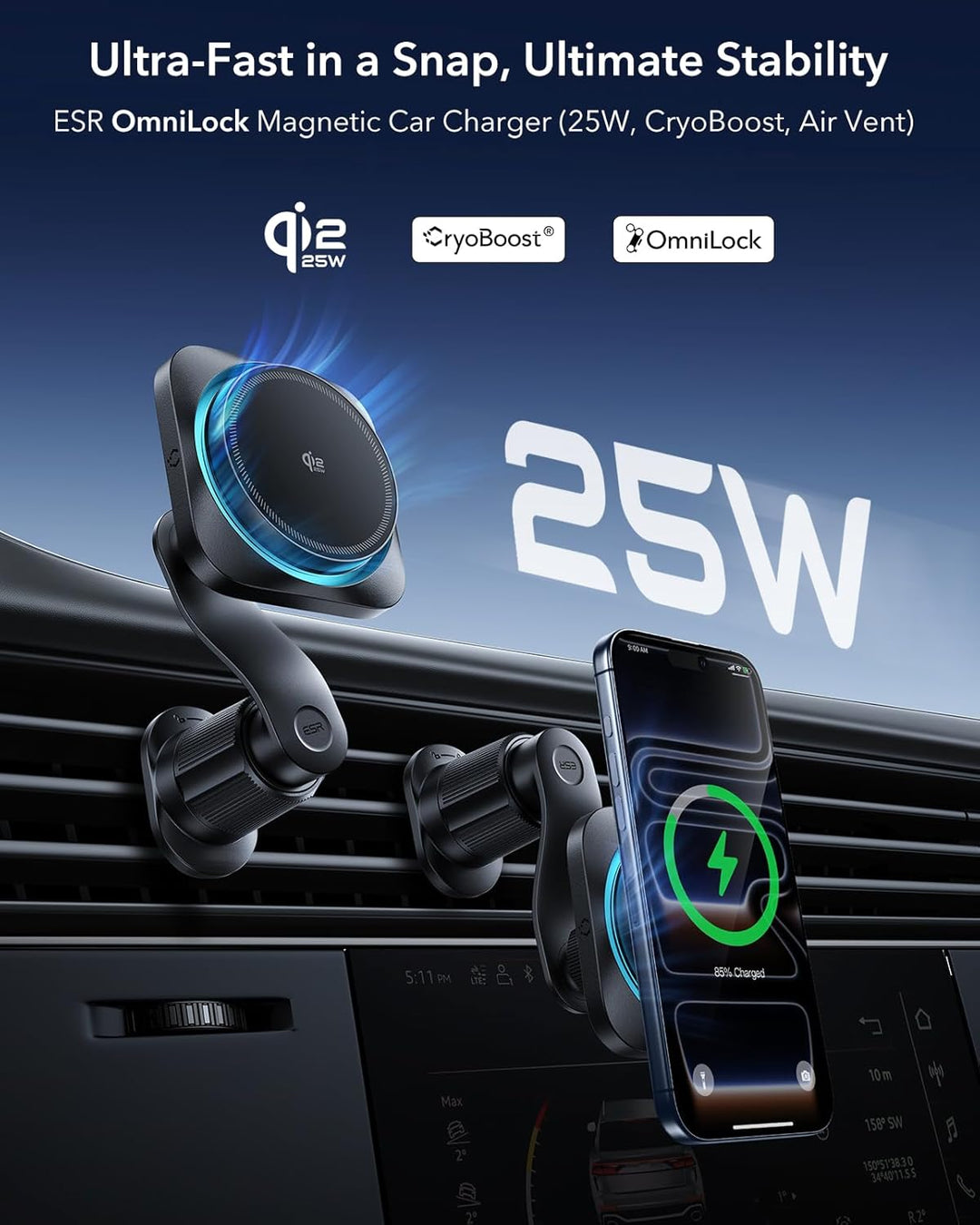 ESR OmniLock Qi2.2 Zertifiziert 25W MagSafe Autohalterung Ladegerät mit CryoBoost, Handykühlung, Han