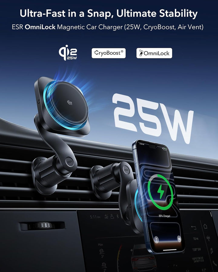 ESR OmniLock Qi2.2 Zertifiziert 25W MagSafe Autohalterung Ladegerät mit CryoBoost, Handykühlung, Han