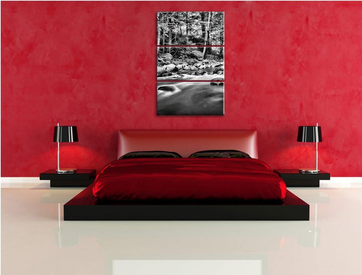 Pixxprint Fluss im Wald mit Steinen als Leinwandbild/Grösse: 3 Teilig (120x80) cm/Wandbild/Kunstdruc