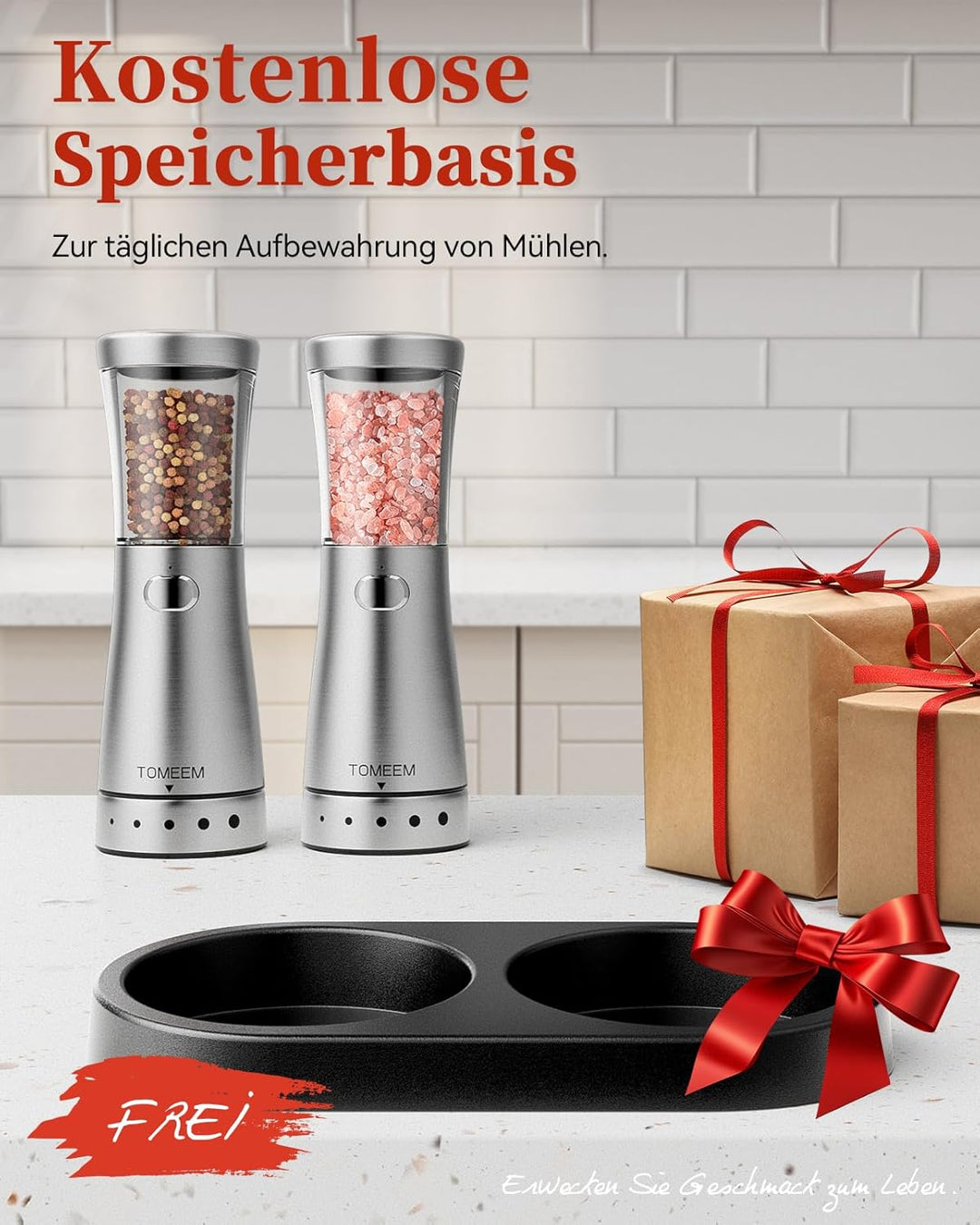 Salz und Pfeffermühlen elektrisch 2er Set aus Edelstahl (Wiederaufladbar, LED Beleuchtung, mit einst