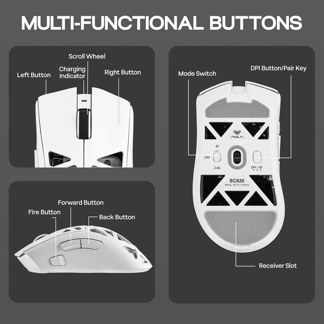 MechLands Aula SC620 Gaming-Maus, 2,4 GHz/USB-C/BT-Funkmaus mit 400-mAh-Akku, einstellbare 12.000 DP