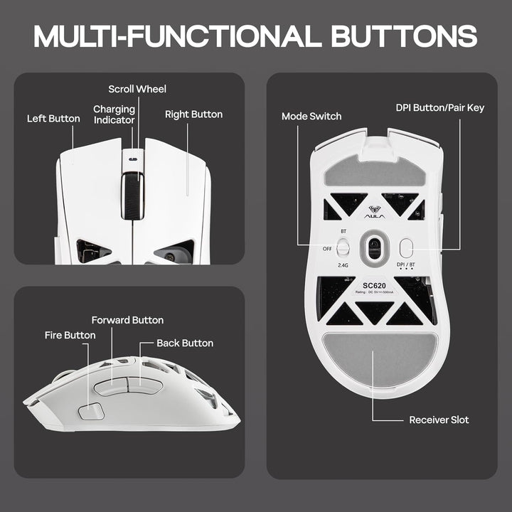 MechLands Aula SC620 Gaming-Maus, 2,4 GHz/USB-C/BT-Funkmaus mit 400-mAh-Akku, einstellbare 12.000 DP