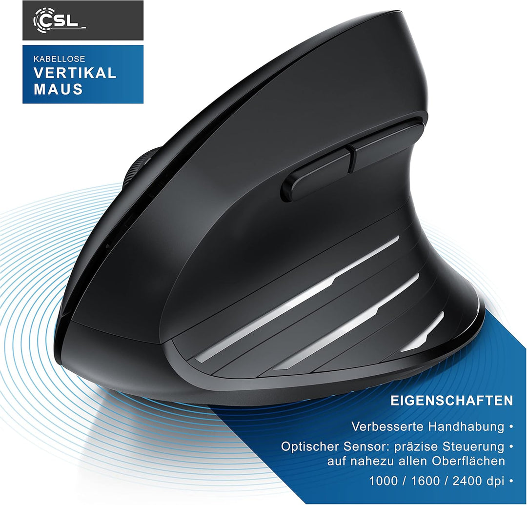 CSL - kabellose Maus Vertikal Funk 2.4 GHz - Neues Modell - USB Vertical Mouse – ergonomisches Desig