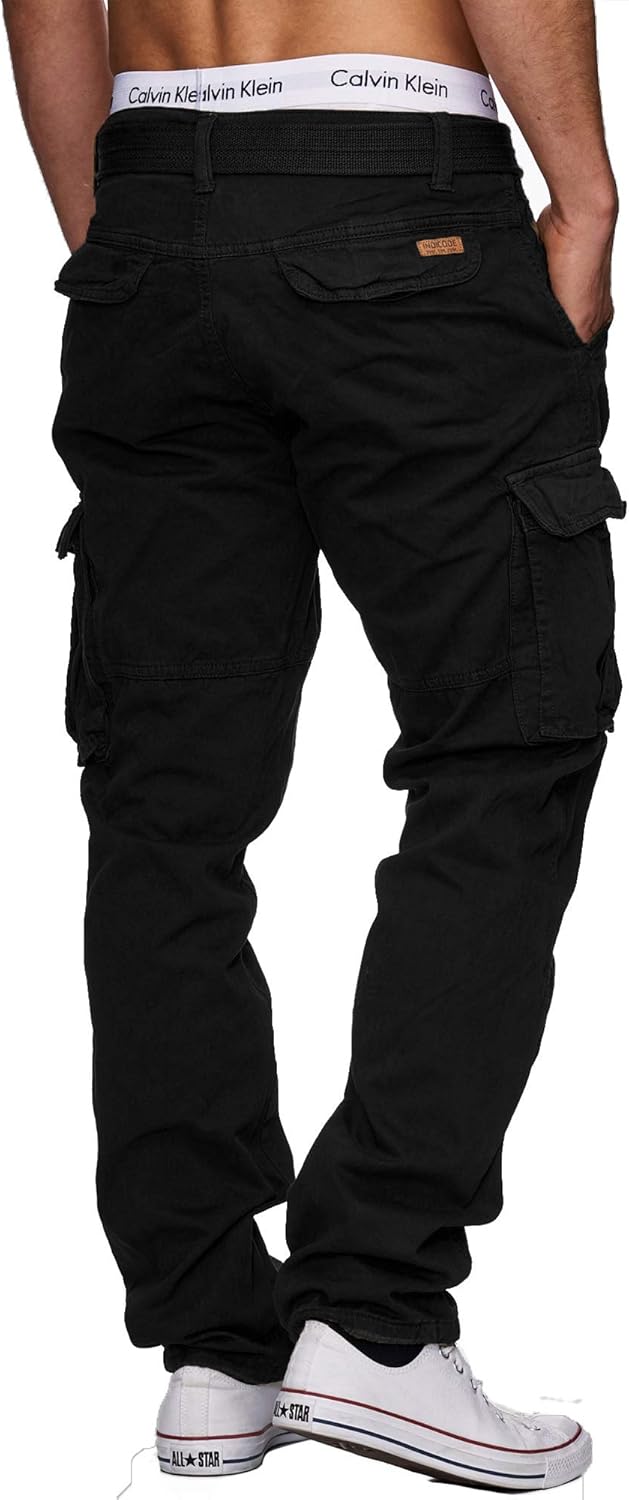Indicode Herren William Cargohose aus Baumwolle m. 7 Taschen inkl. Gürtel | Outdoorhose L Schwarz, L