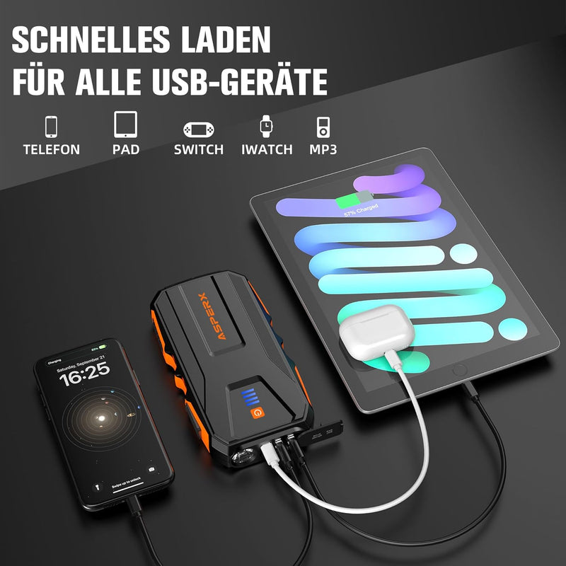 ASPERX Starthilfe Powerbank 3000A 12V(Bis Zu 10,0L Benzin oder 8,0L Diesel) Auto Starthilfe mit LED