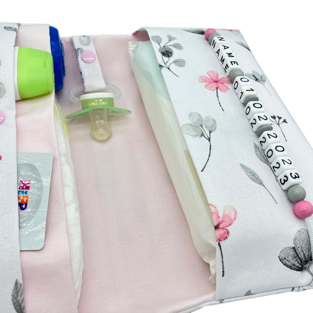 Grosse Windeltasche XXL mit Name Wickeltasche - Blumen weiss rosa grau - für Mädchen