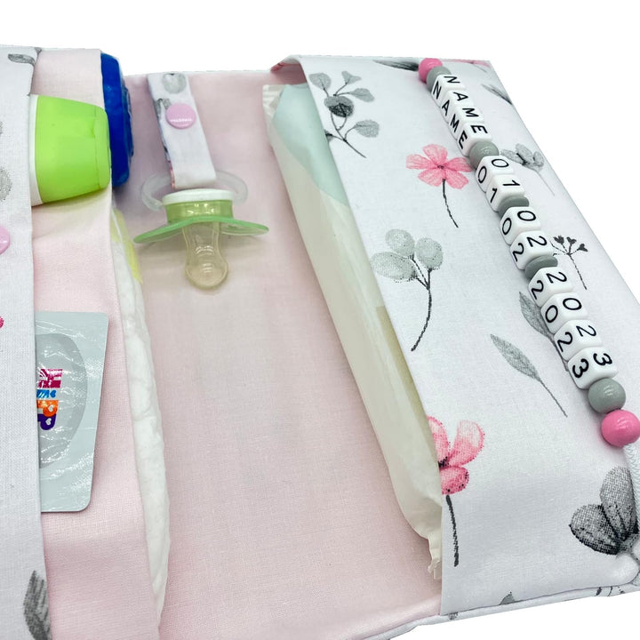 Grosse Windeltasche XXL mit Name Wickeltasche - Blumen weiss rosa grau - für Mädchen